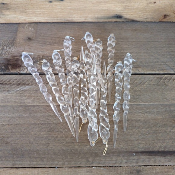 Vintage Clear Iridescent Twisted Icicles Christmas Tree Ornaments Set of 14 - Picture 1 of 7